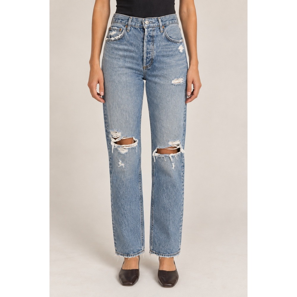 AGOLDE 90s Jean High Rise Straight Leg Distressed Denim Light Blue 27